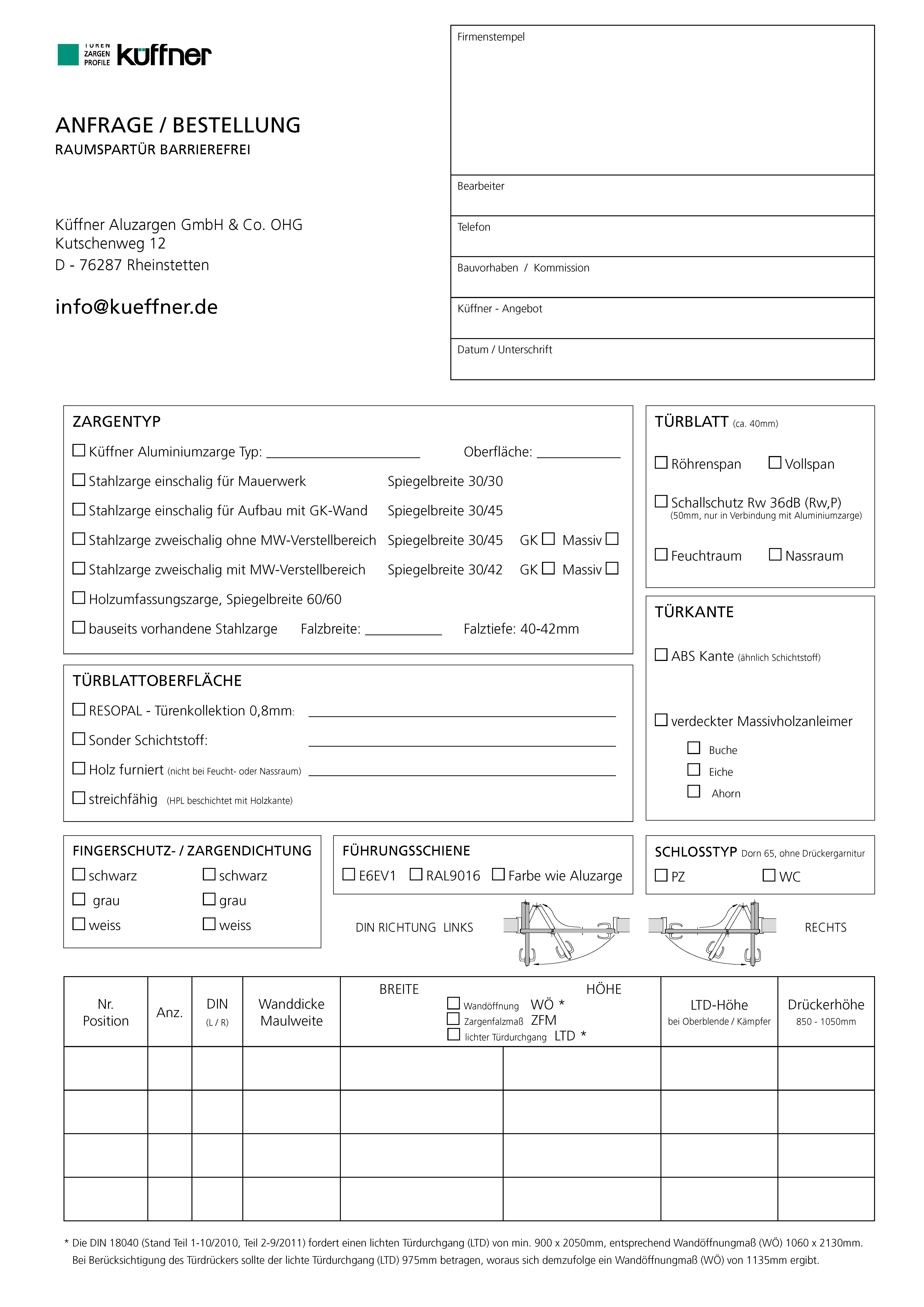 Anfrage und Bestellformular für Raumspartüren - technische Klärung