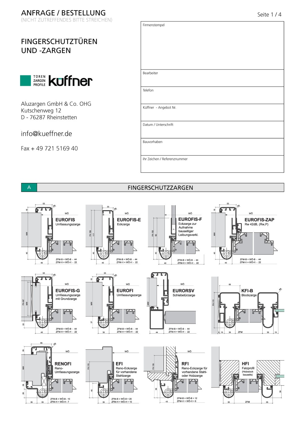 Anfrage- / Bestellformular für Fingerschutz Zargen und Türblätter für Kindergärten und Kindertagesstätten