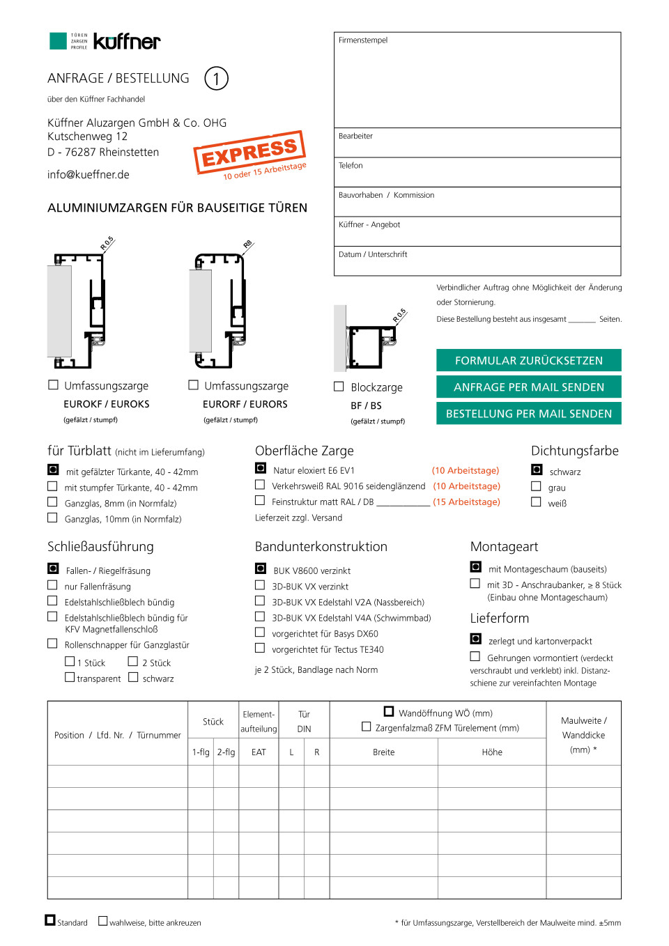 Bestell- und Anfrageformular Express / Schnelllieferung Zargen aus Aluminium