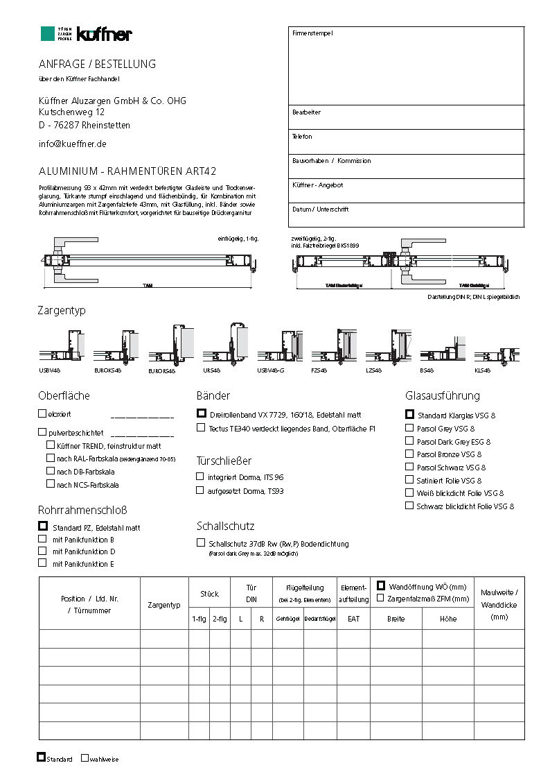 Anfrage und Bestellformular für Rahmentüren