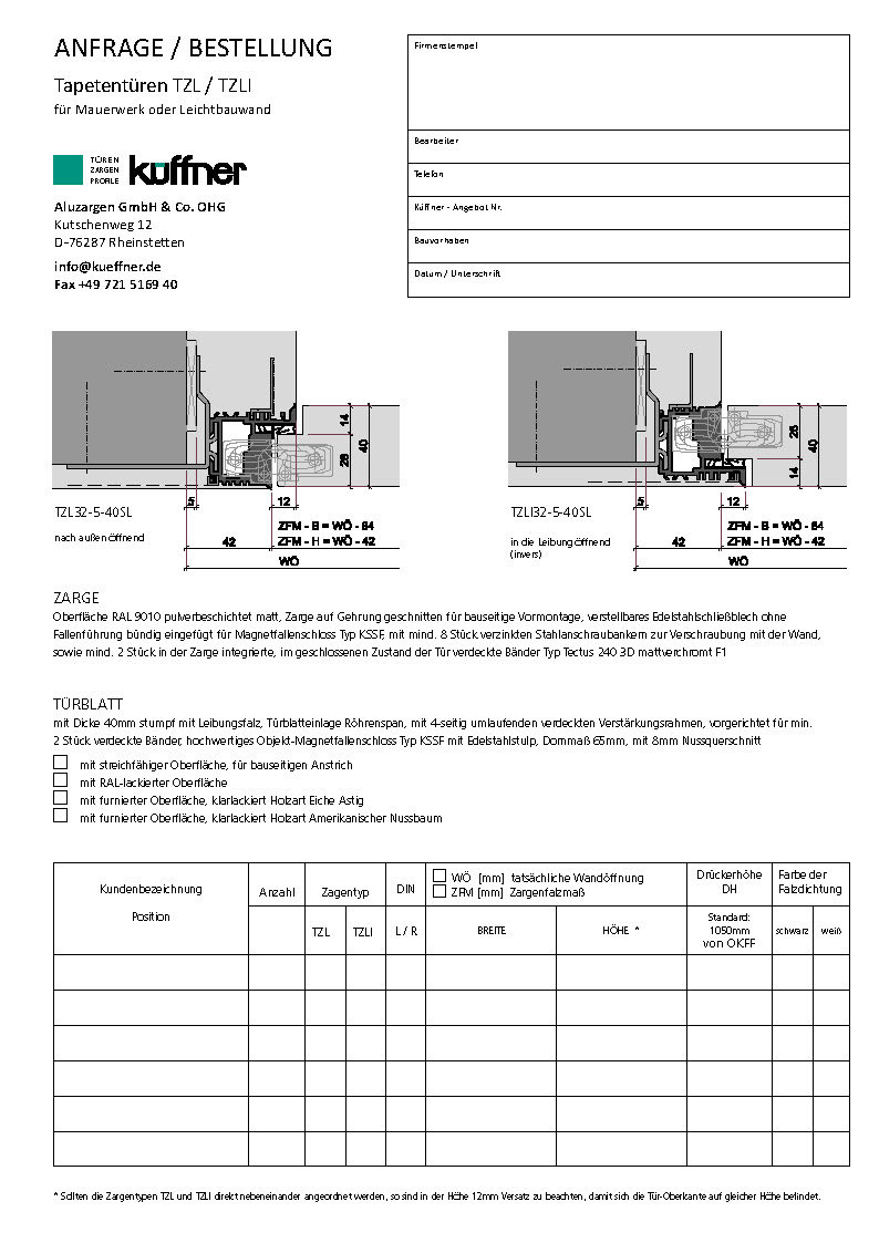 Tapetentüren Anfrage- / Bestellformular