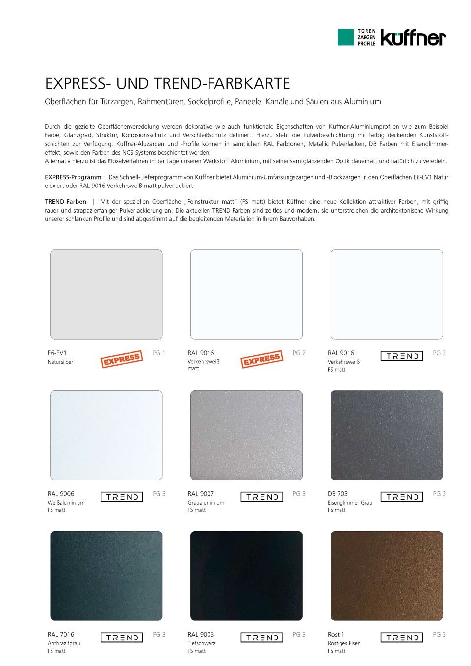 Express und Trend - Farbkarte für Aluminiumoberflächen